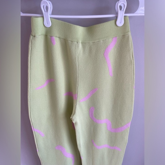 White Fox Knitted Flare Pants - Lime Green + Pink Retro Squiggle Pattern - Small - Picture 7 of 14